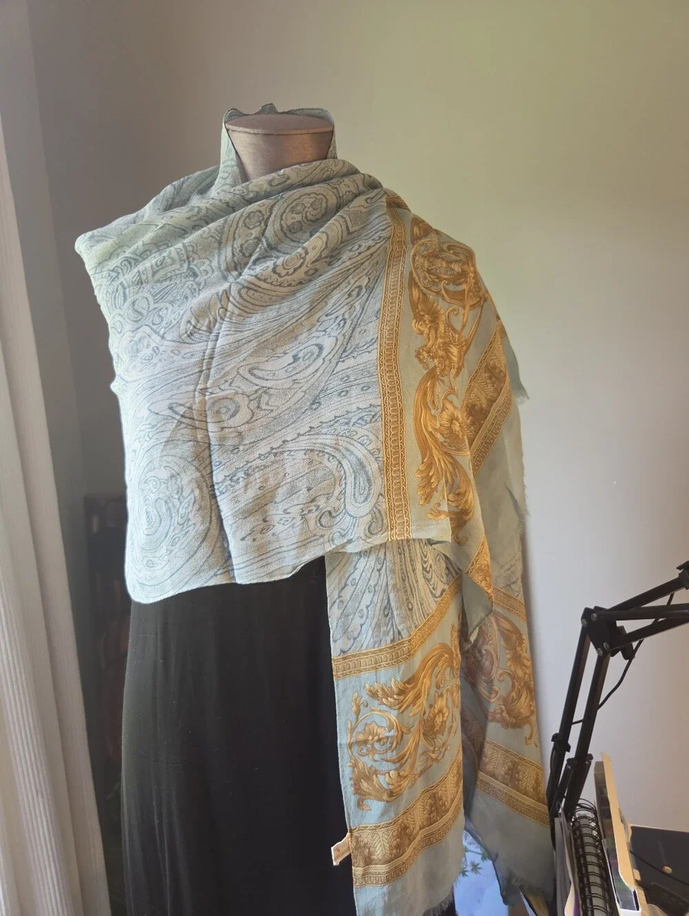 Trussardi Silk Scarf Green Blue Baroque Floral Blue & Gold Paisley Wrap Shawl